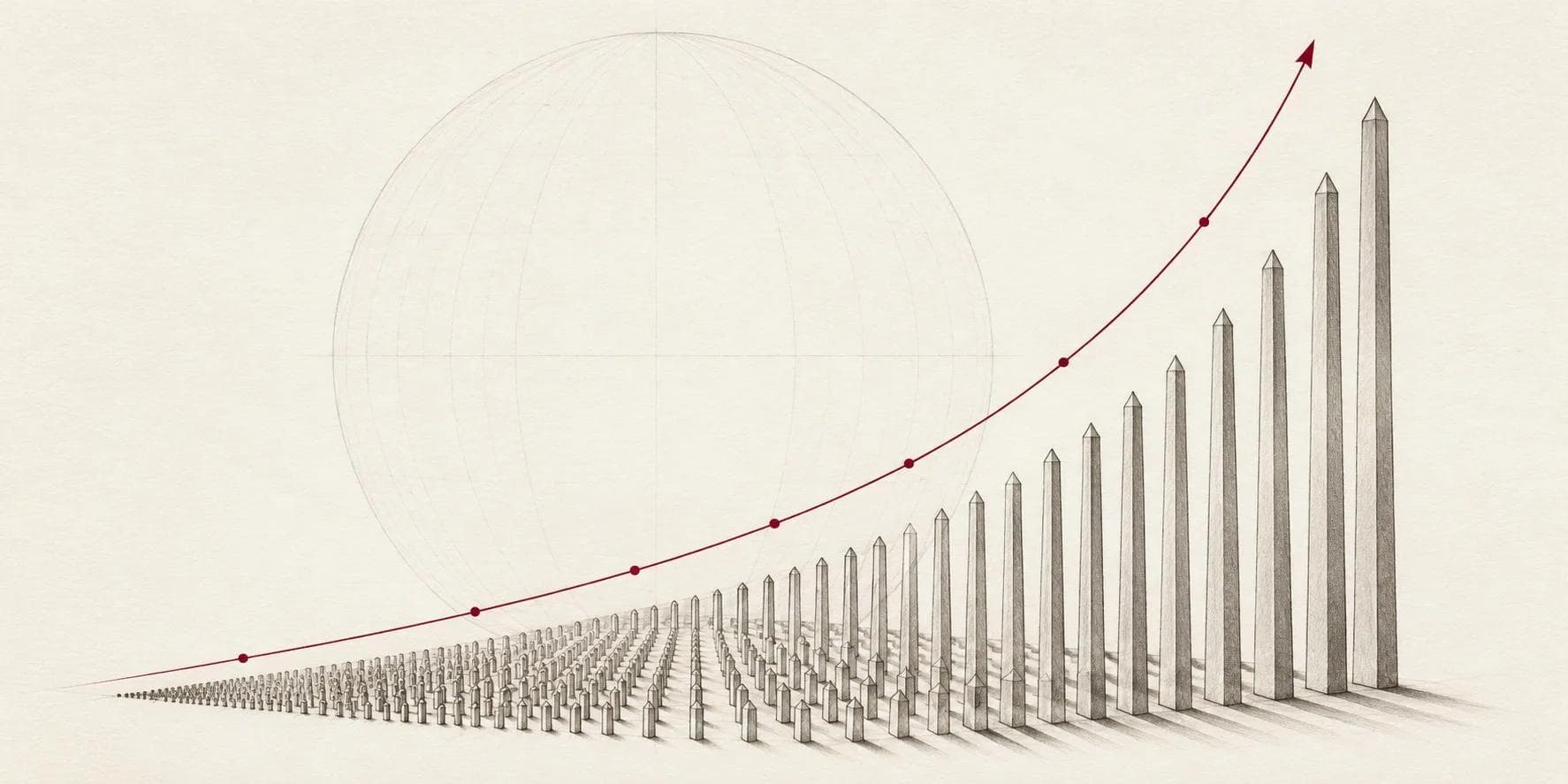 Minimal technical line illustration of a crimson exponential curve rising above rows of growing forms, evoking sustainable and inclusive growth.