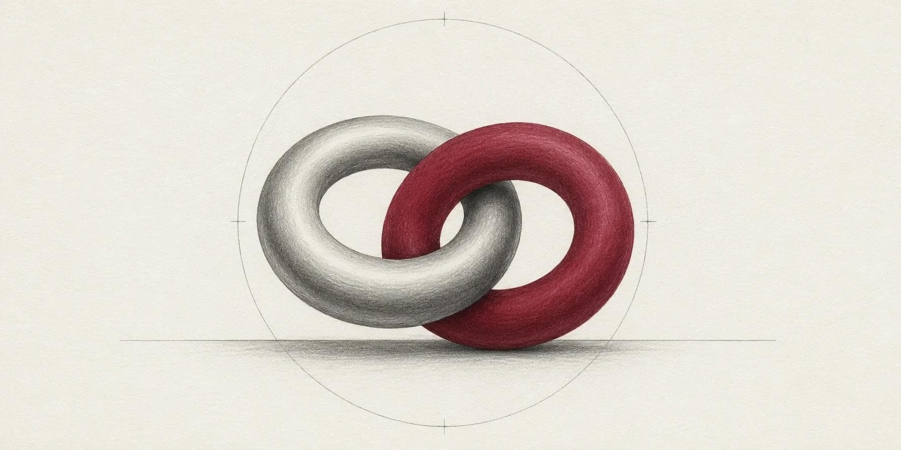 Minimal technical line illustration of two interlocking rings, one crimson, evoking interoperability between DTCC's tokenisation service and a public blockchain.