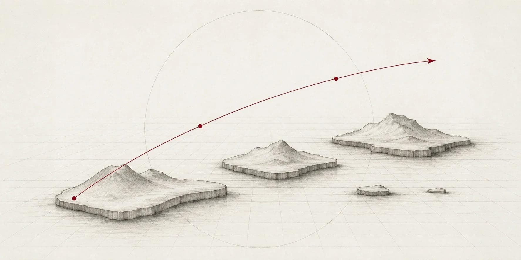 Minimal technical line illustration of a Southeast Asian archipelago with a crimson trajectory arcing upward, evoking regional progress.