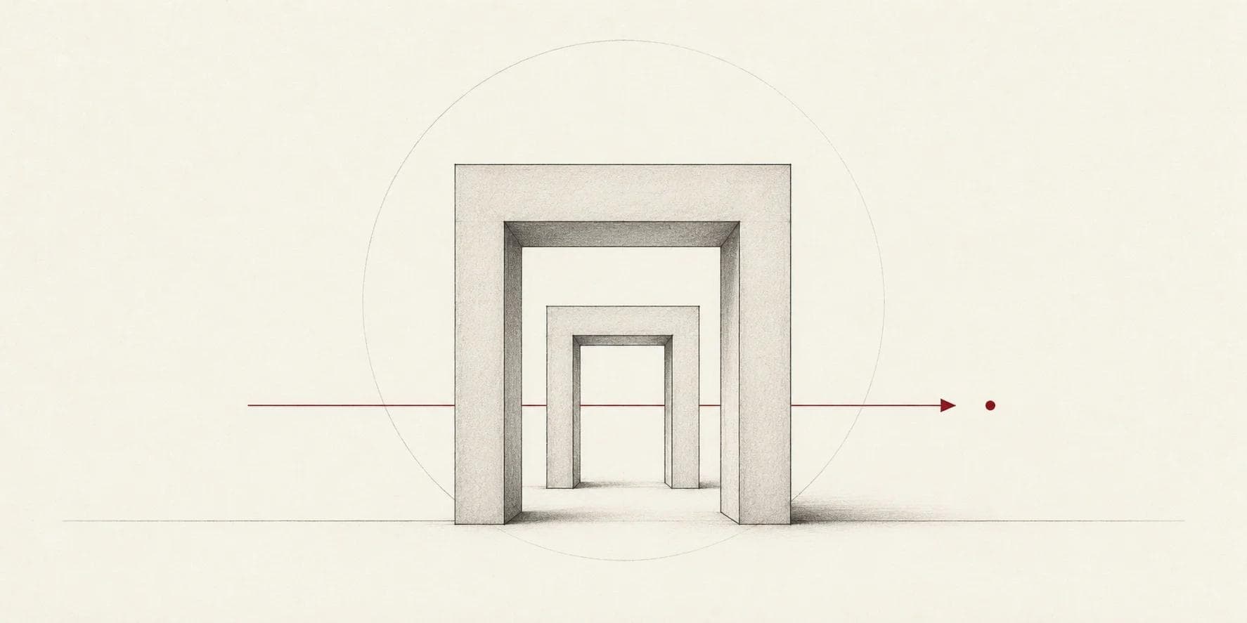 Minimal technical line illustration of a crimson line passing through a series of receding gateways, evoking the GENIUS Act being signed into law.