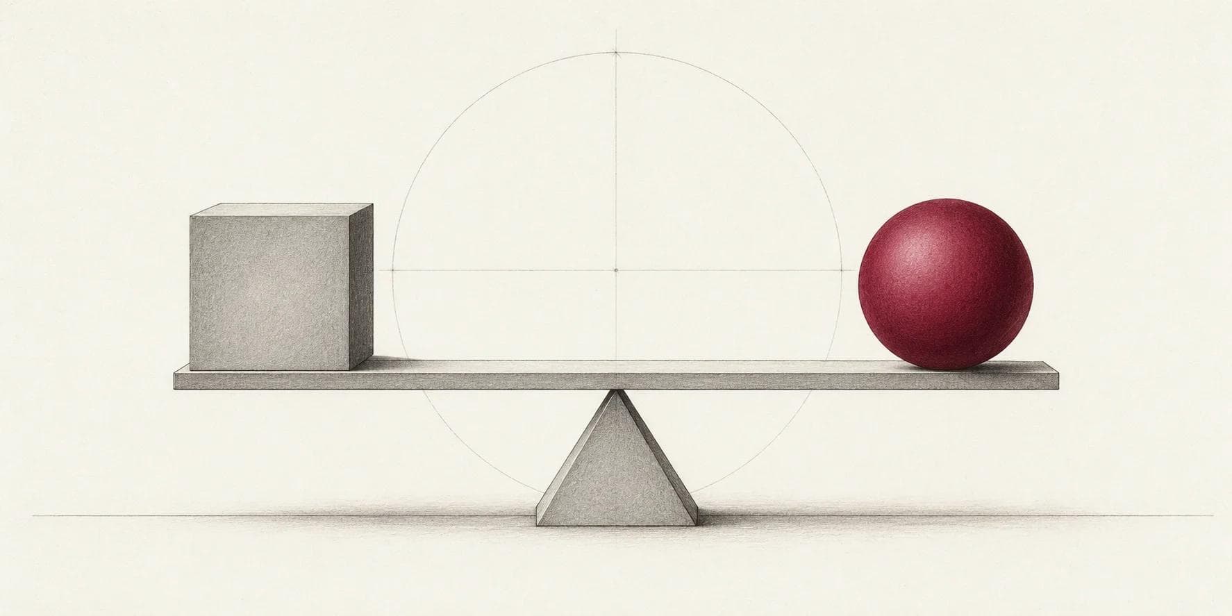 Minimal technical line illustration of a level beam balancing a cube and a crimson sphere on a fulcrum, evoking the GENIUS Act's proposed framework and 1:1 reserve backing for payment stablecoins.