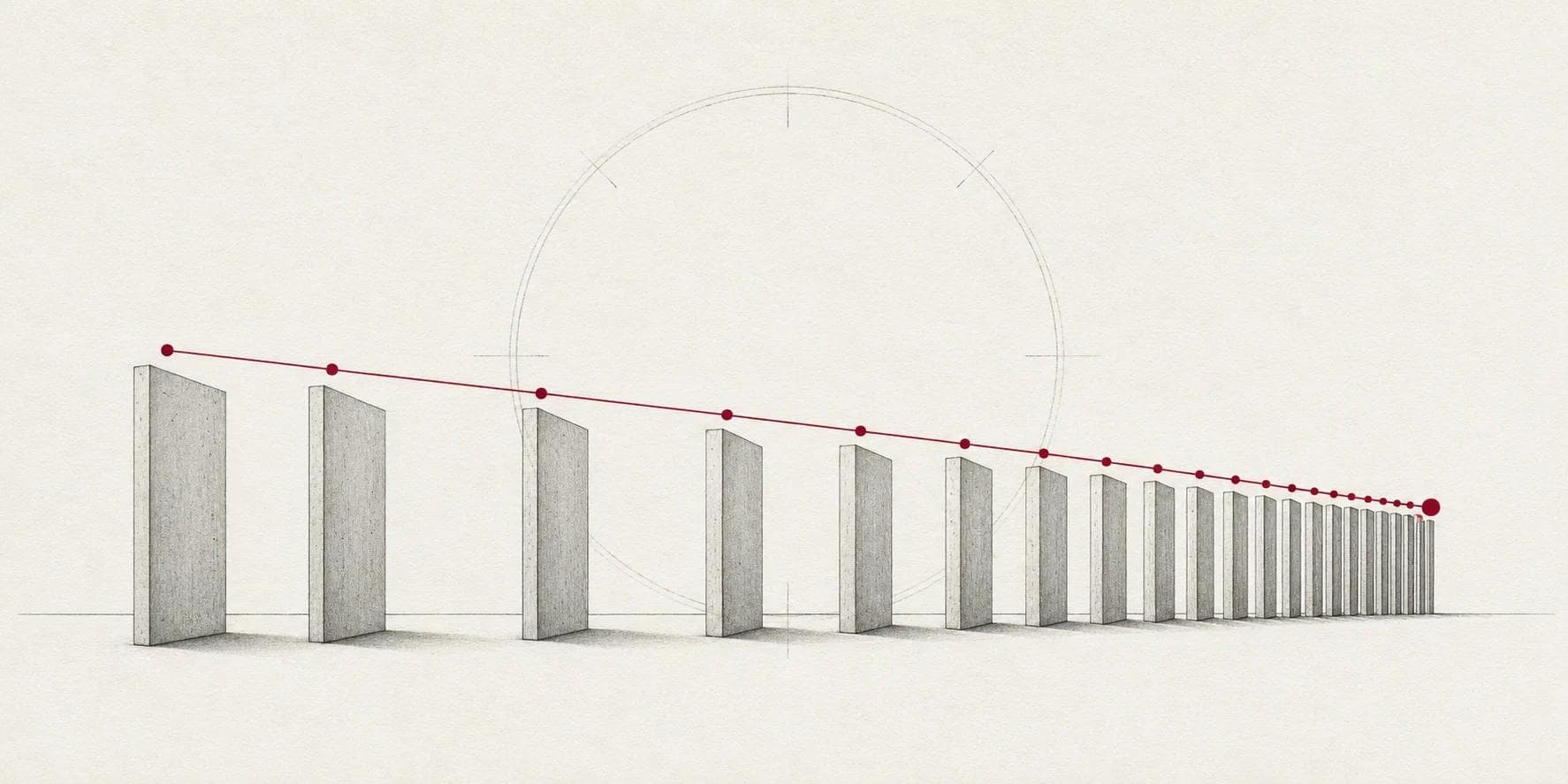 Minimal technical line illustration of upright slabs whose spacing compresses toward a crimson endpoint, evoking settlement time collapsing from hours to seconds.