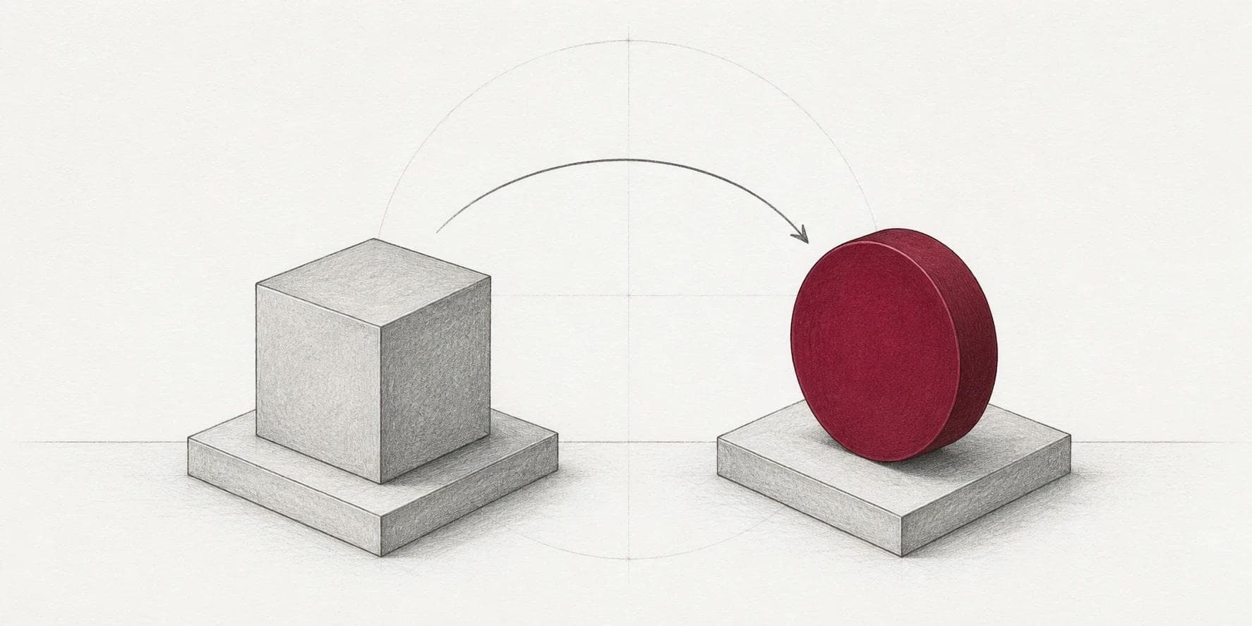 Minimal technical line illustration of a grey cube converting into a crimson token disc, evoking real-world assets being tokenised at production scale.